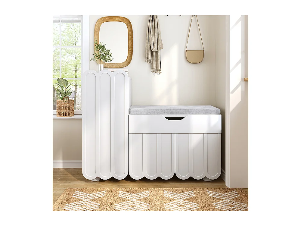 Meuble à chaussures moderne à 3 portes avec tiroir et coussin d'assise peu encombrants bancs à chaussures élégants pour le couloir et l'entrée blanc