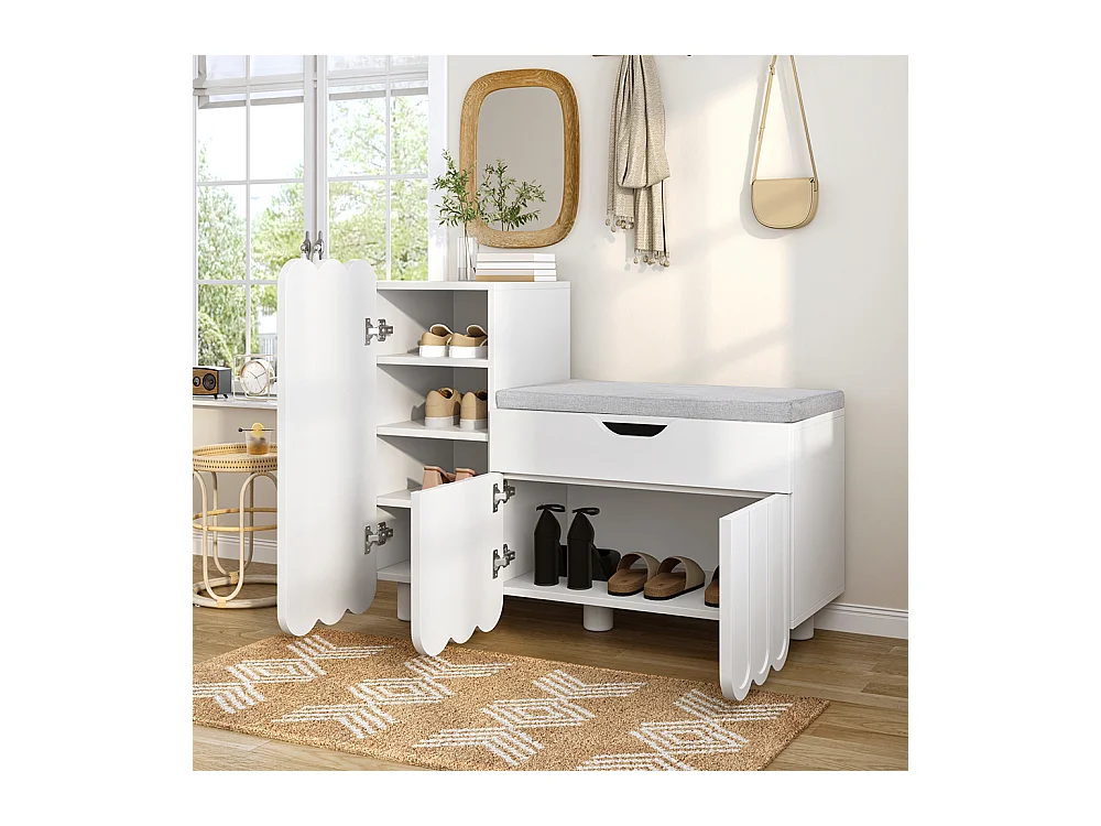 Meuble à chaussures moderne à 3 portes avec tiroir et coussin d'assise peu encombrants bancs à chaussures élégants pour le couloir et l'entrée blanc