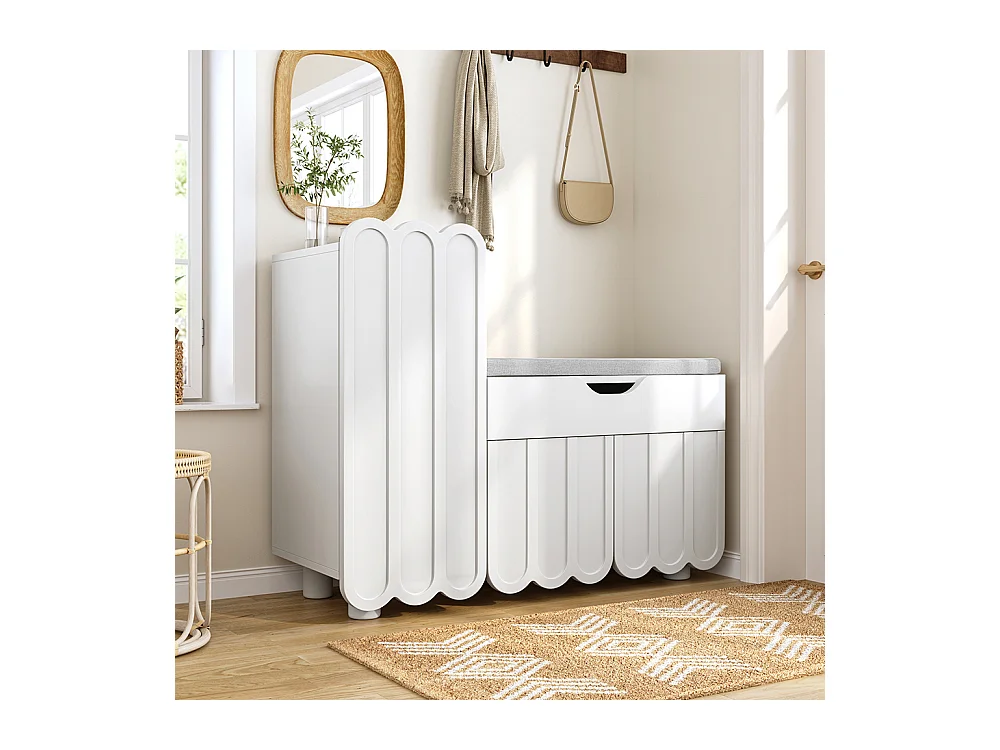 Meuble à chaussures moderne à 3 portes avec tiroir et coussin d'assise peu encombrants bancs à chaussures élégants pour le couloir et l'entrée blanc