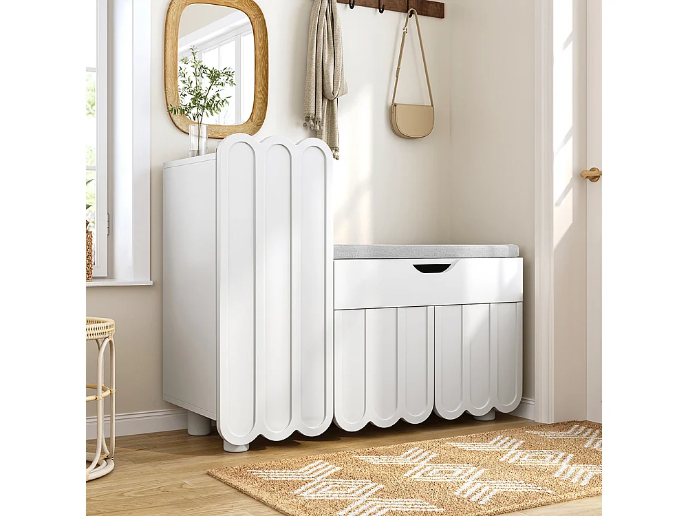 Meuble à chaussures moderne à 3 portes avec tiroir et coussin d'assise peu encombrants bancs à chaussures élégants pour le couloir et l'entrée blanc