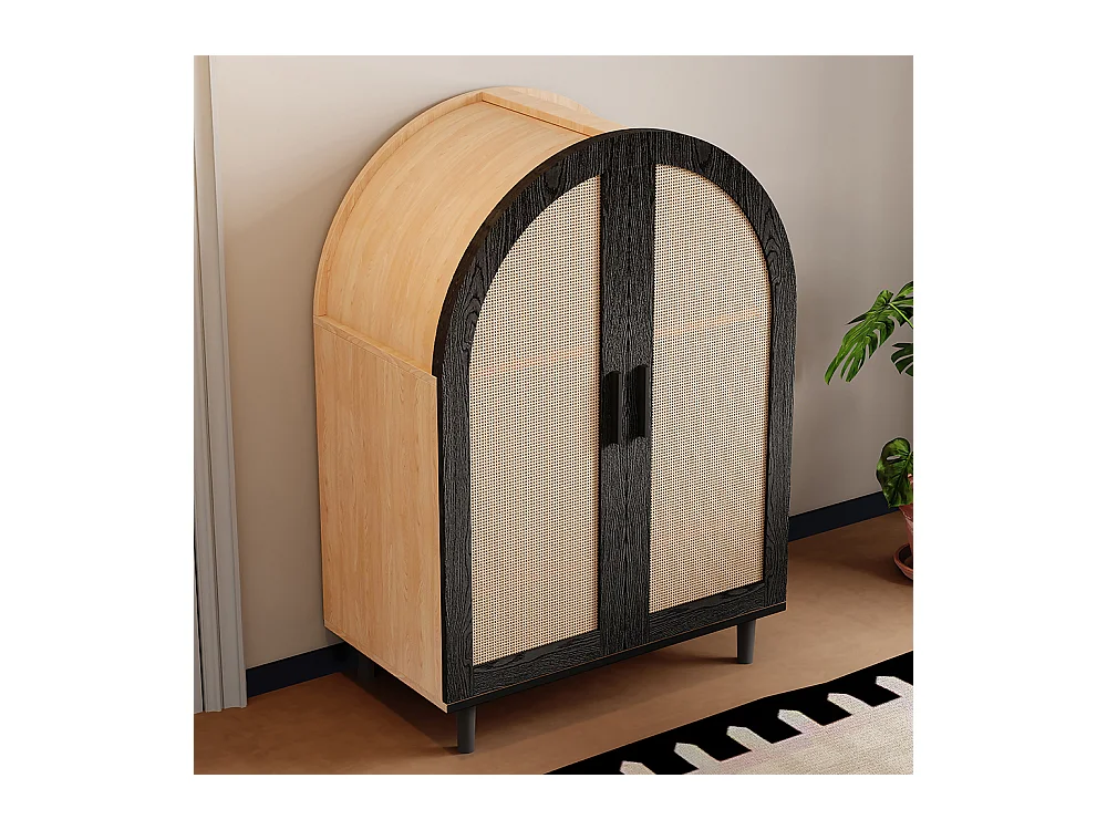 Meuble à chaussures élégant extérieur arrondi portes rotin trois étagères naturel