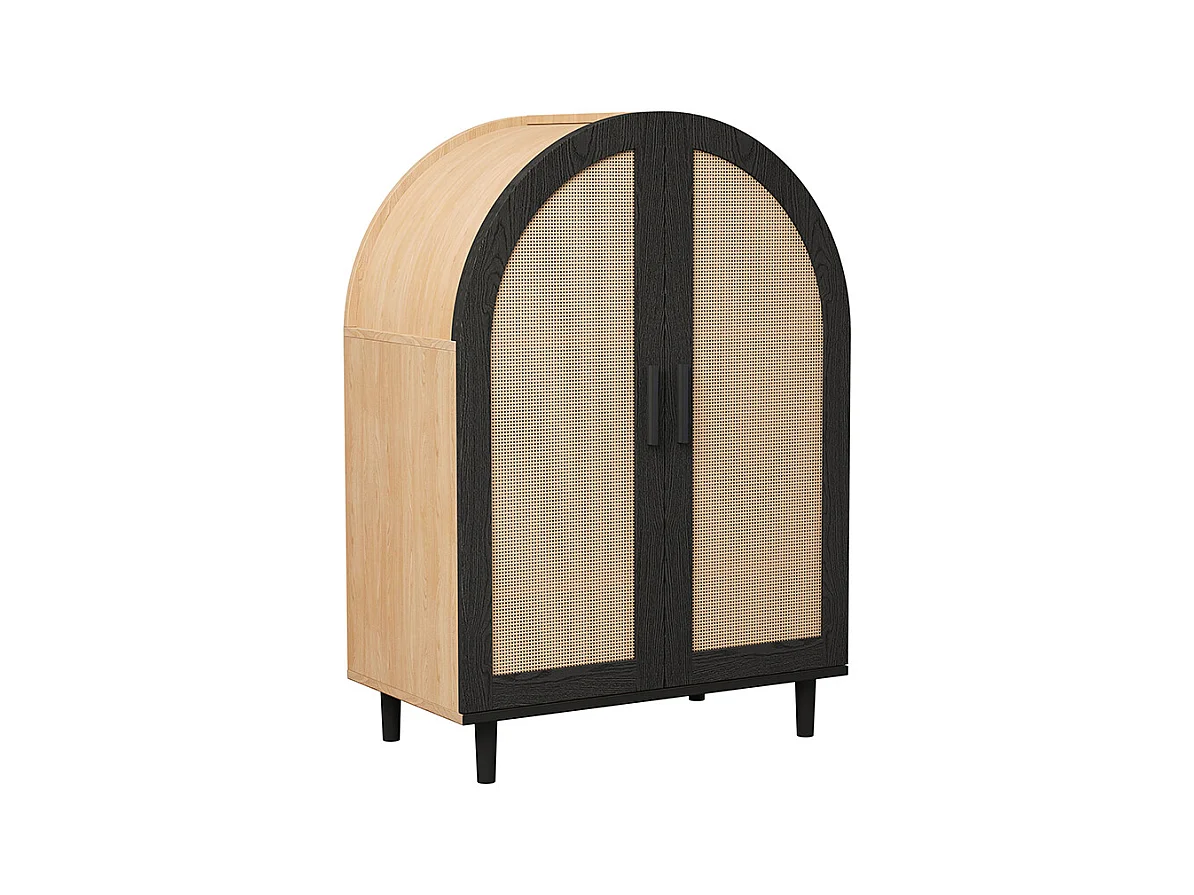 Meuble à chaussures élégant extérieur arrondi portes rotin trois étagères naturel