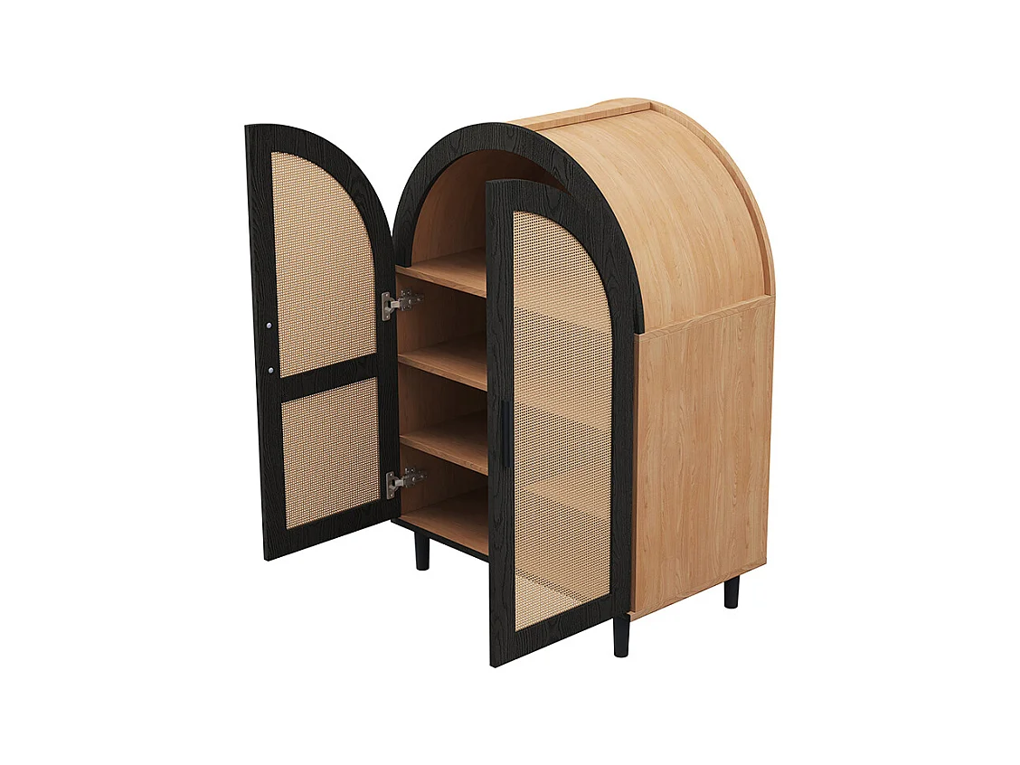 Meuble à chaussures élégant extérieur arrondi portes rotin trois étagères naturel