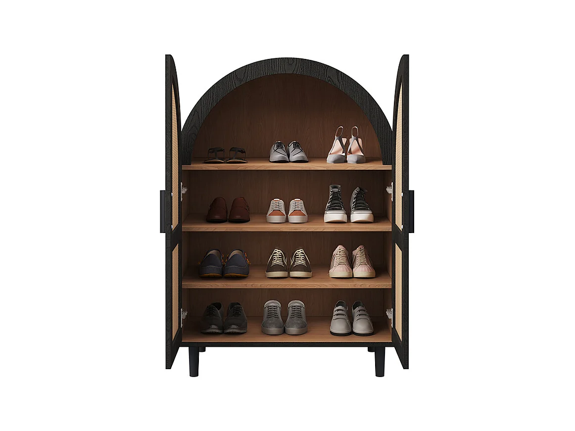 Meuble à chaussures élégant extérieur arrondi portes rotin trois étagères naturel