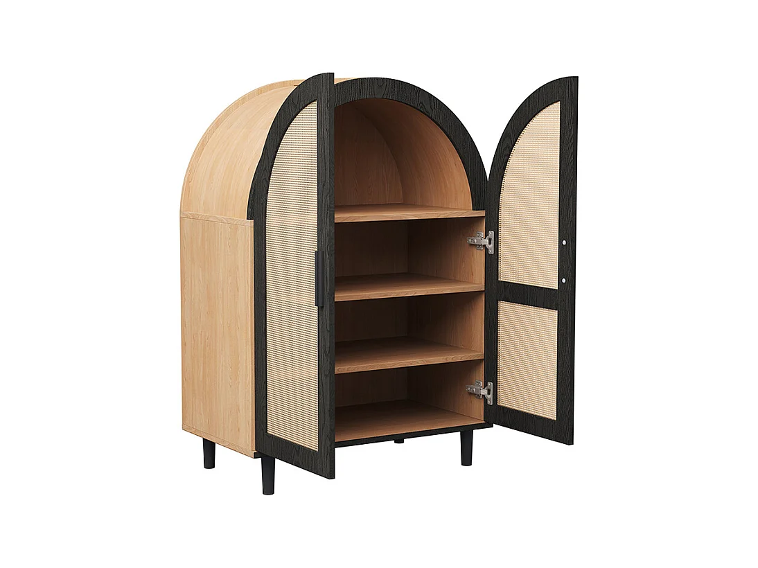 Meuble à chaussures élégant extérieur arrondi portes rotin trois étagères naturel