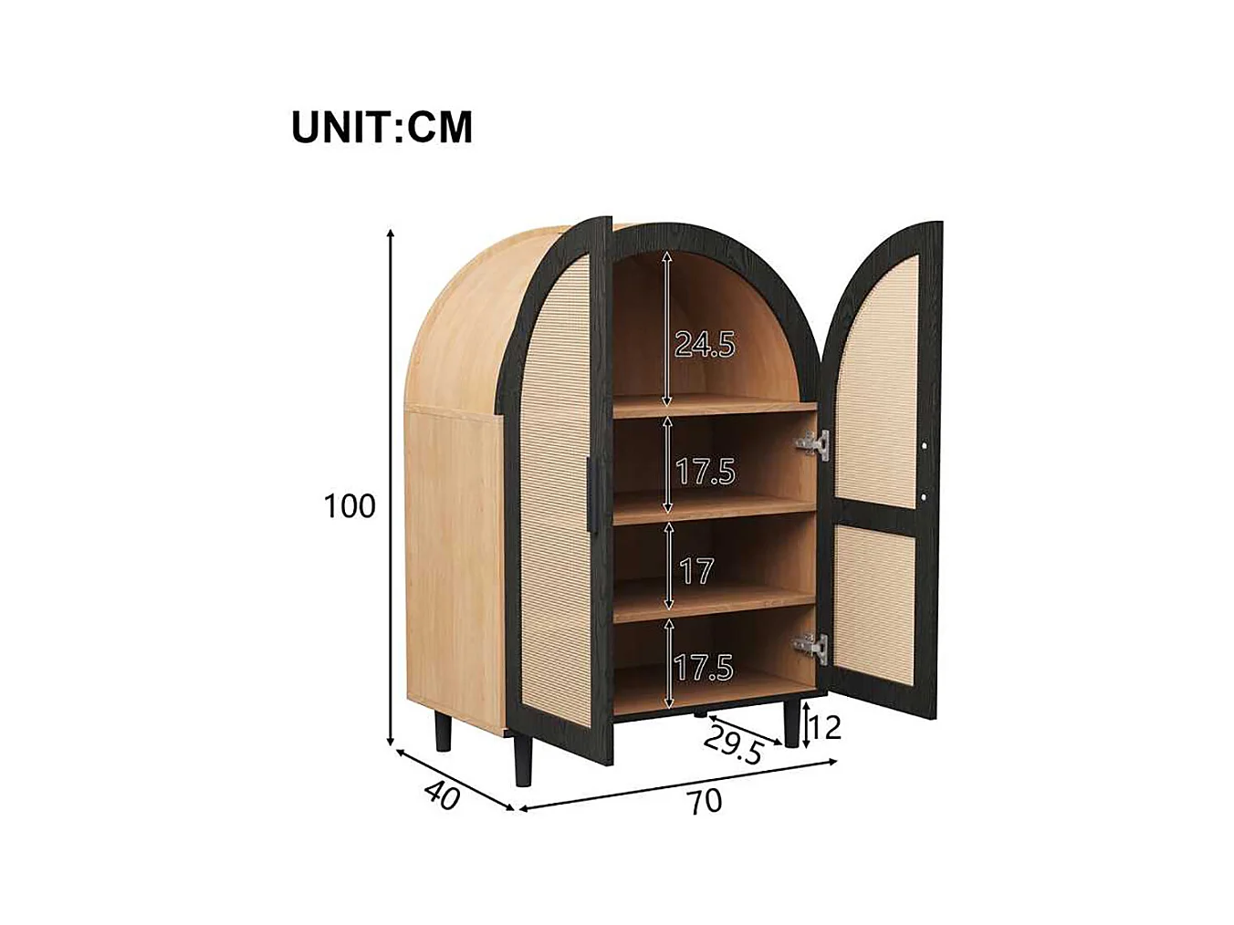 Meuble à chaussures élégant extérieur arrondi portes rotin trois étagères naturel