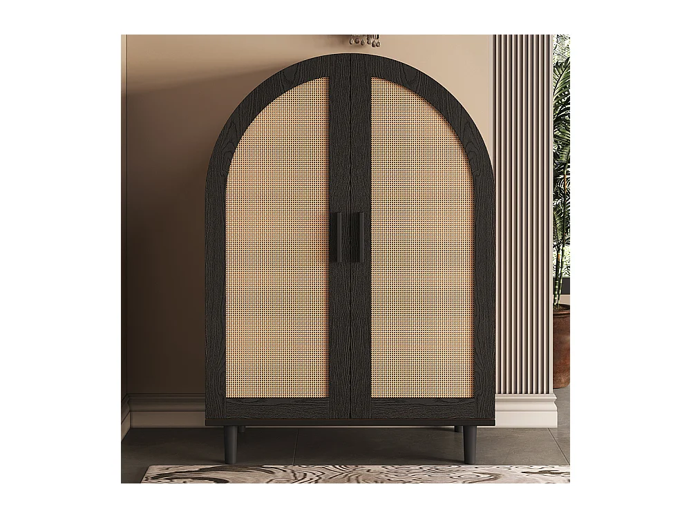 Meuble à chaussures élégant extérieur arrondi portes rotin trois étagères naturel