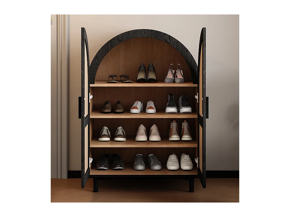 Meuble à chaussures élégant extérieur arrondi portes rotin trois étagères naturel