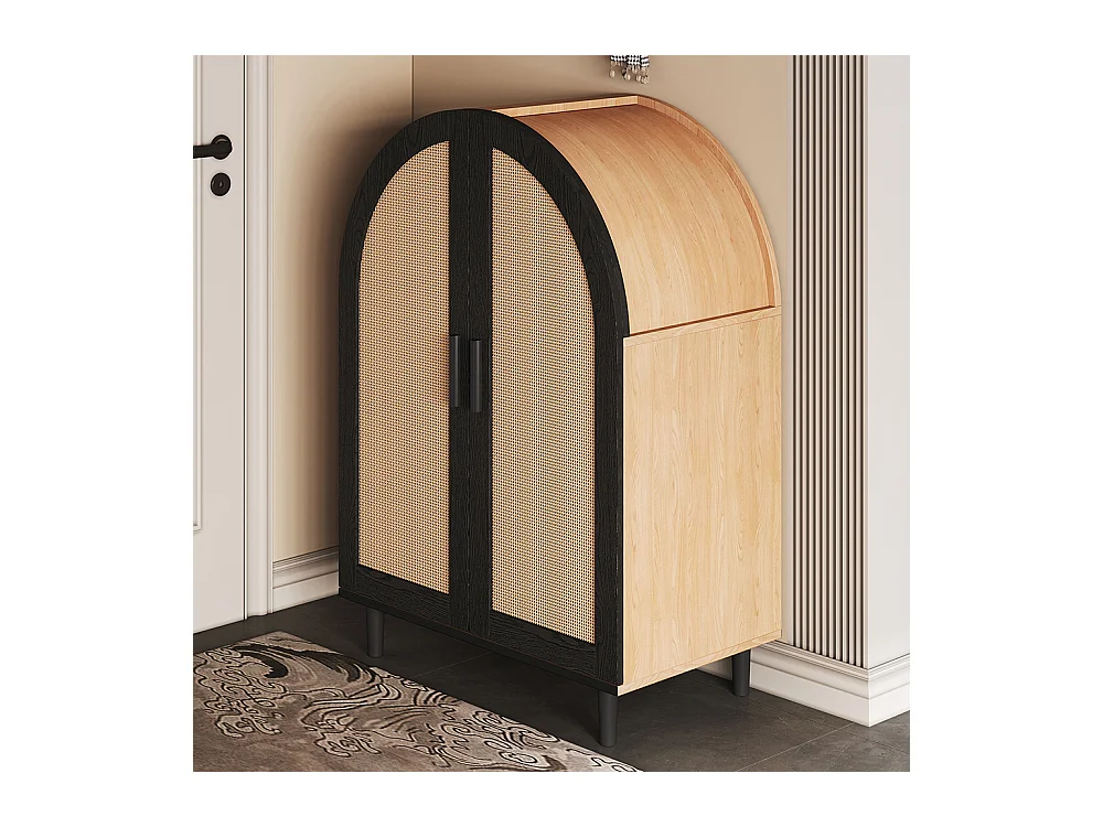 Meuble à chaussures élégant extérieur arrondi portes rotin trois étagères naturel