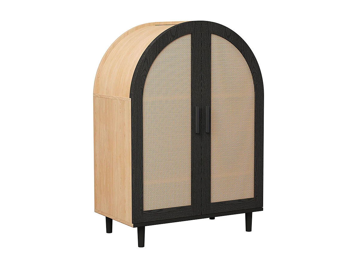 Meuble à chaussures élégant extérieur arrondi portes rotin trois étagères naturel