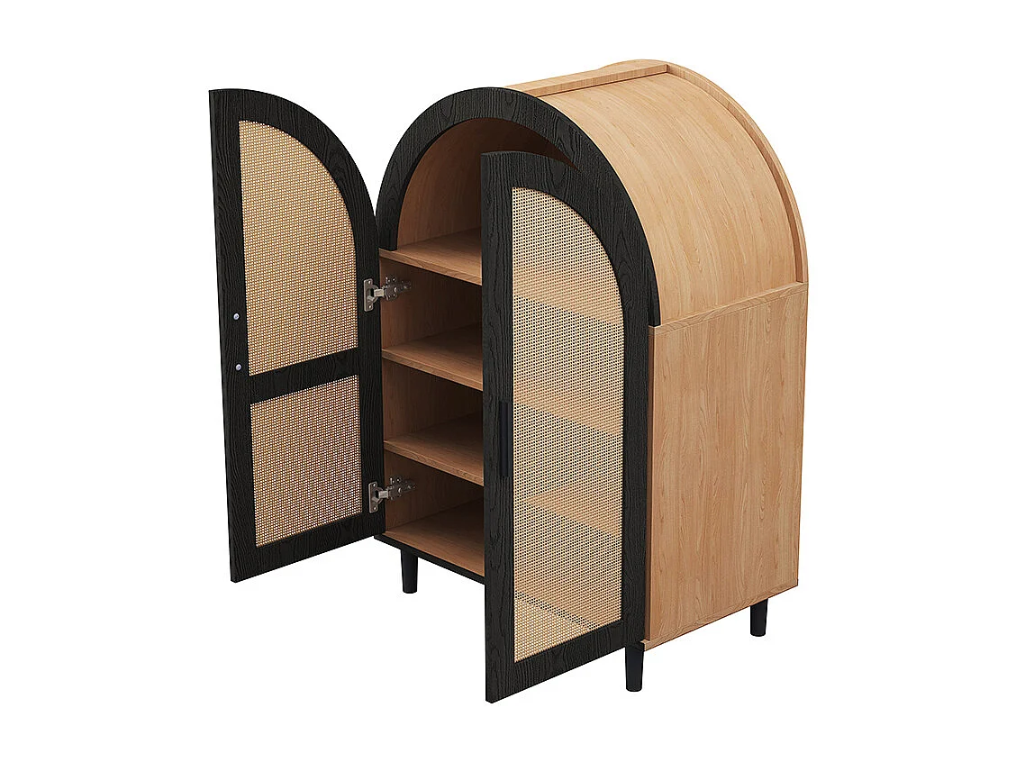 Meuble à chaussures élégant extérieur arrondi portes rotin trois étagères naturel