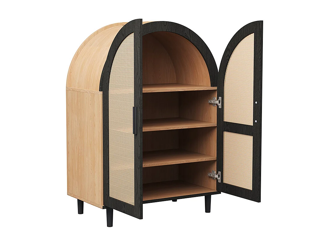 Meuble à chaussures élégant extérieur arrondi portes rotin trois étagères naturel
