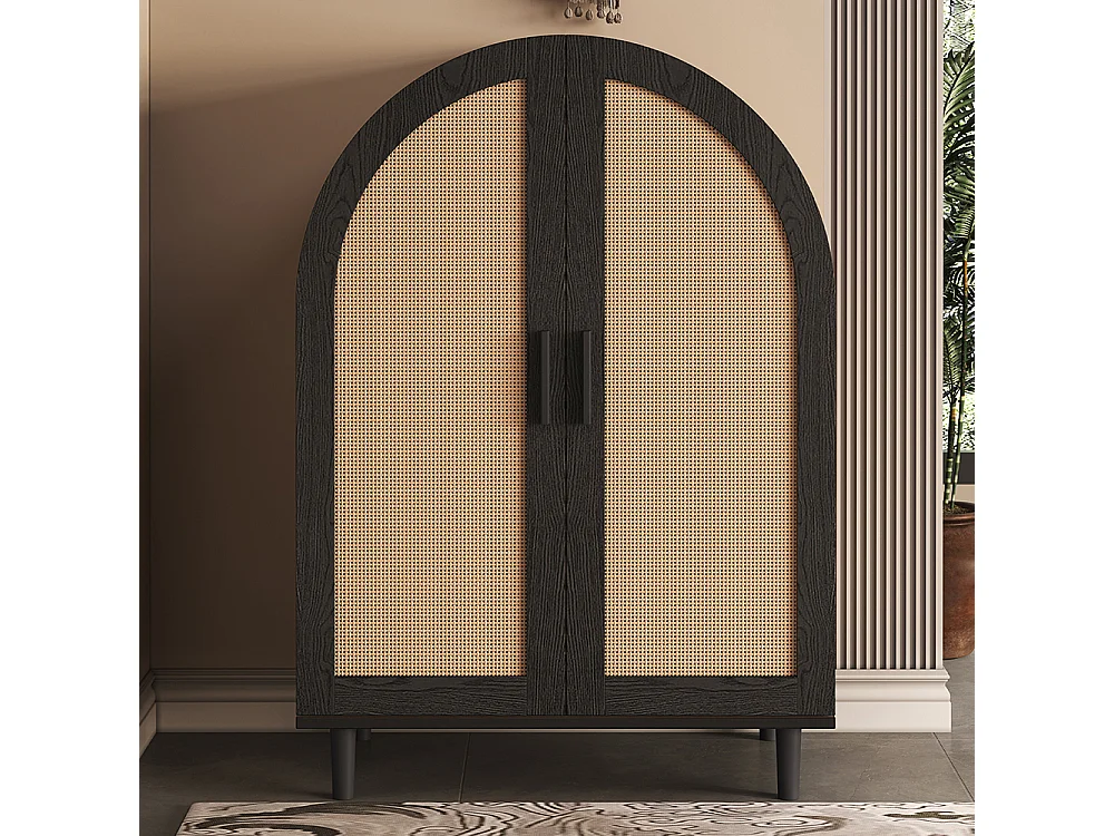 Meuble à chaussures élégant extérieur arrondi portes rotin trois étagères naturel