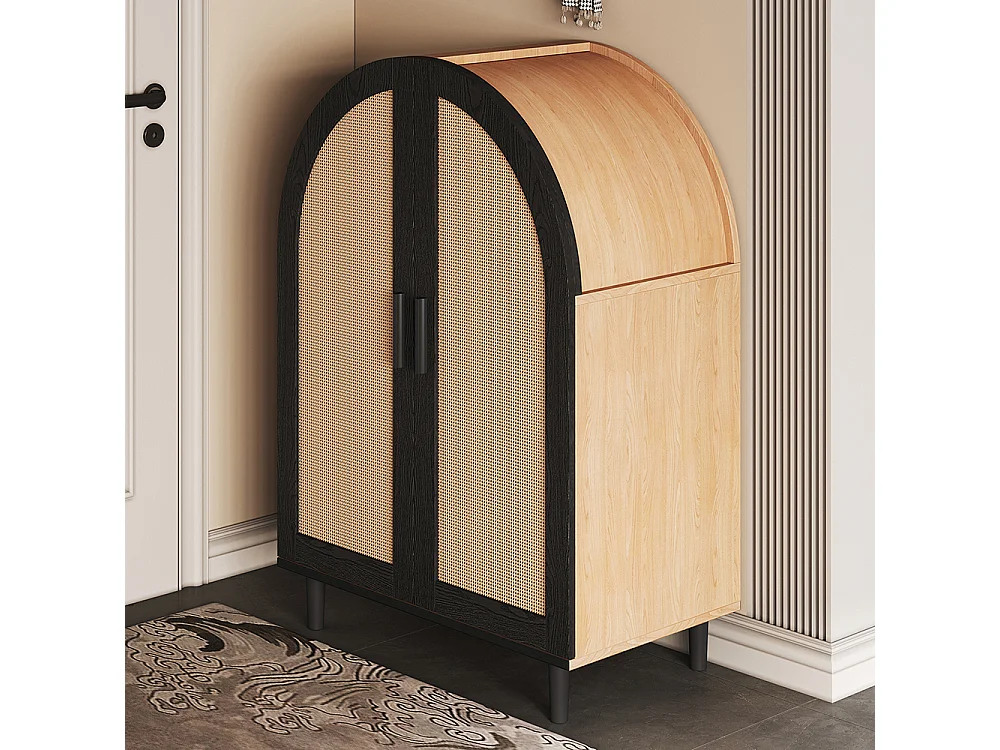 Meuble à chaussures élégant extérieur arrondi portes rotin trois étagères naturel