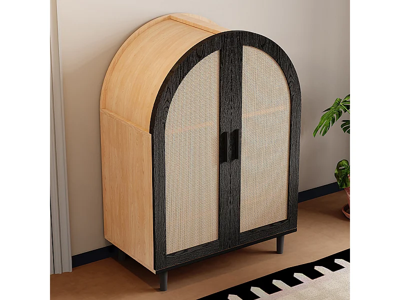 Meuble à chaussures élégant extérieur arrondi portes rotin trois étagères naturel