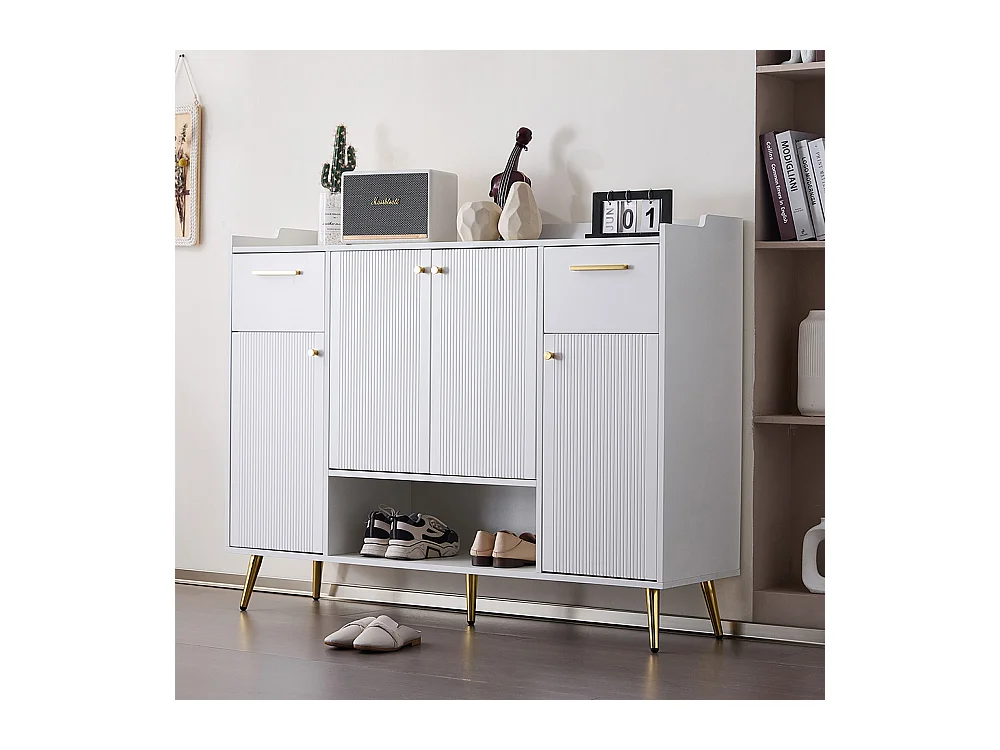 Meuble à chaussures blanc armoire étagère 2 tiroirs 4 portes pieds métal