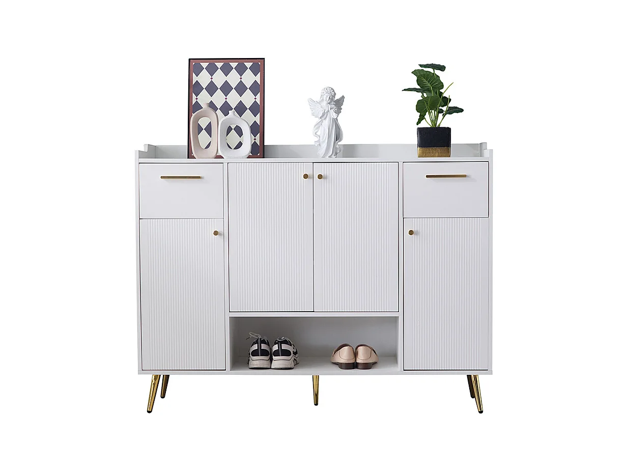 Meuble à chaussures blanc armoire étagère 2 tiroirs 4 portes pieds métal