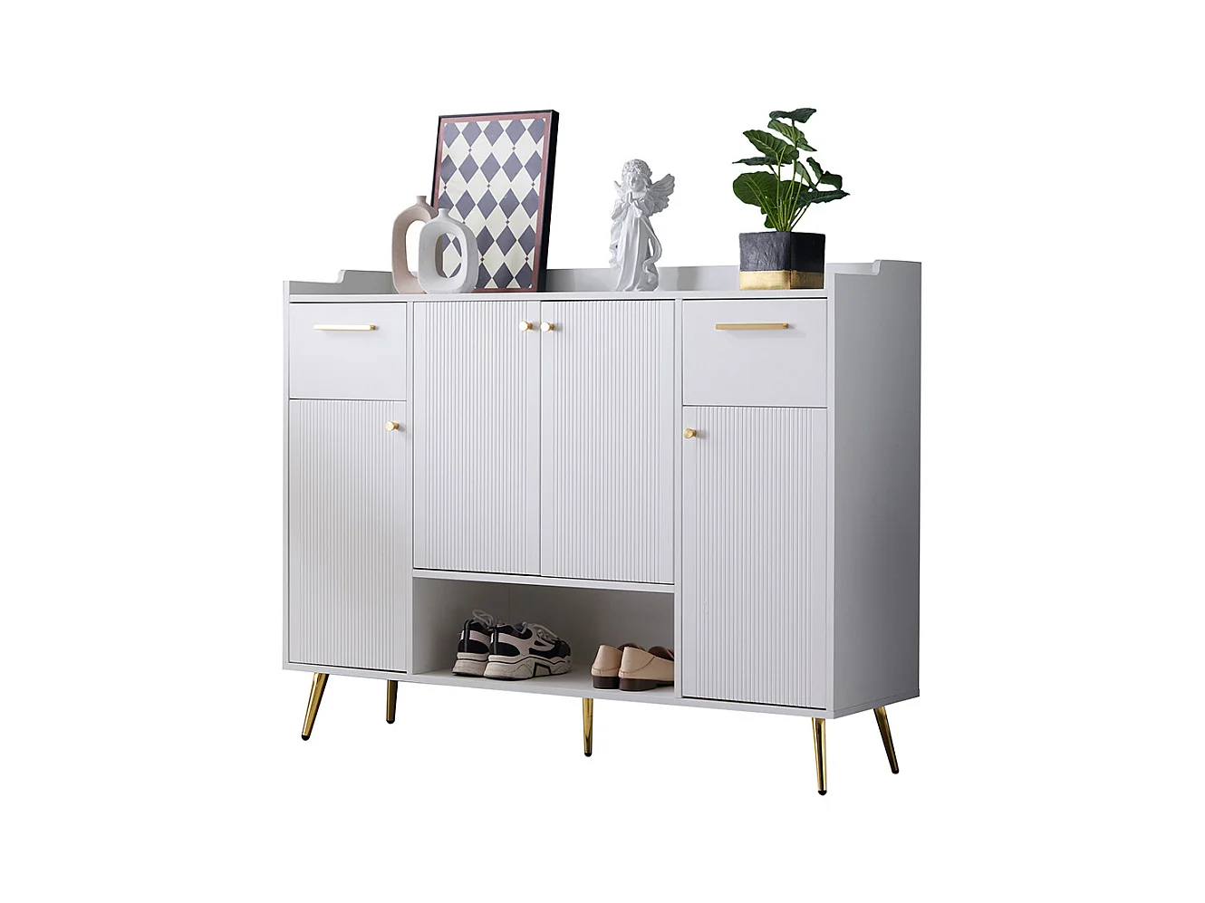 Meuble à chaussures blanc armoire étagère 2 tiroirs 4 portes pieds métal