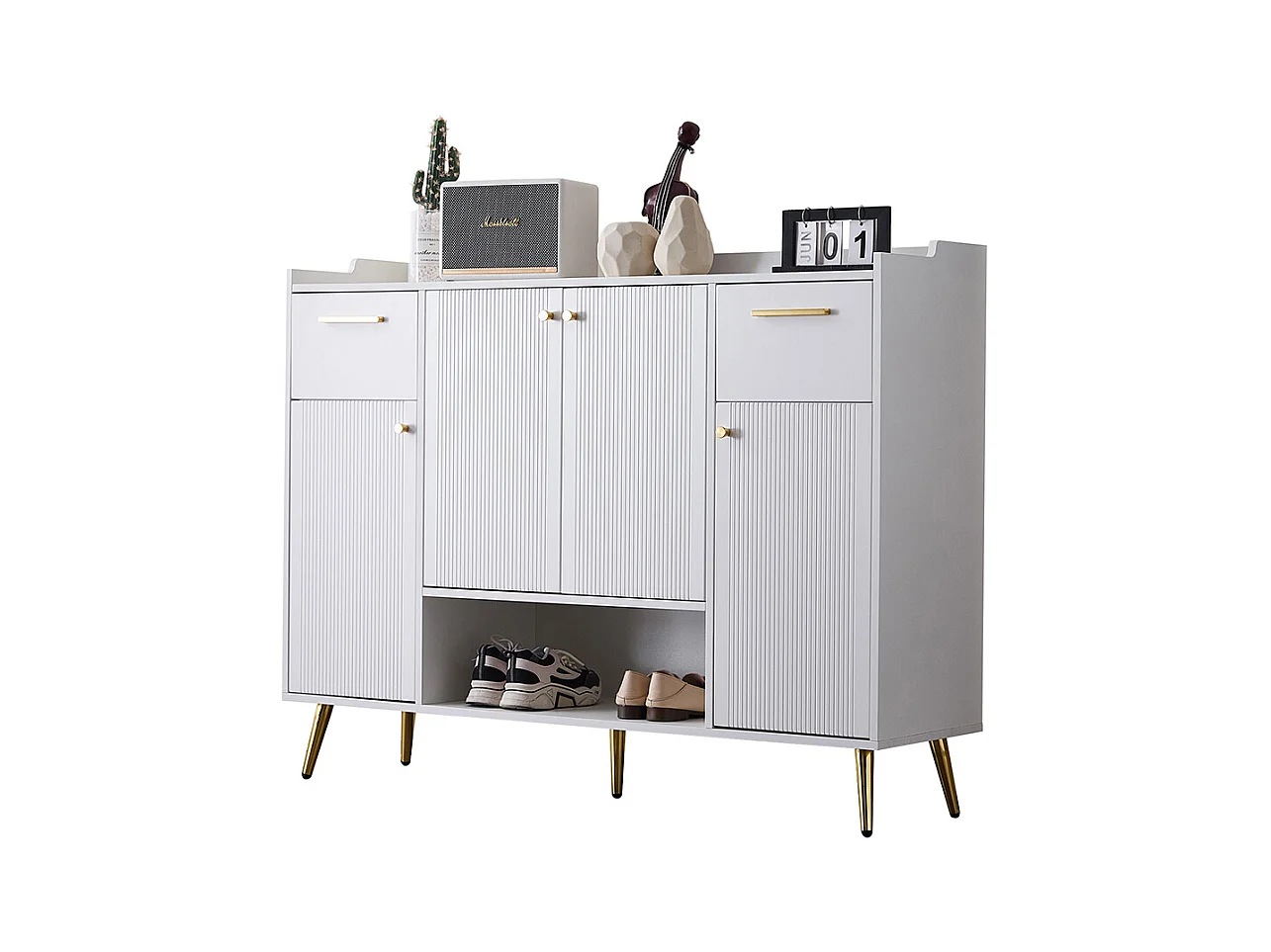 Meuble à chaussures blanc armoire étagère 2 tiroirs 4 portes pieds métal