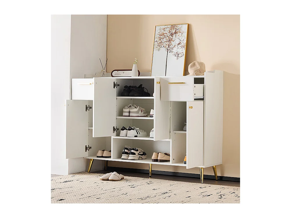 Meuble à chaussures blanc armoire étagère 2 tiroirs 4 portes pieds métal