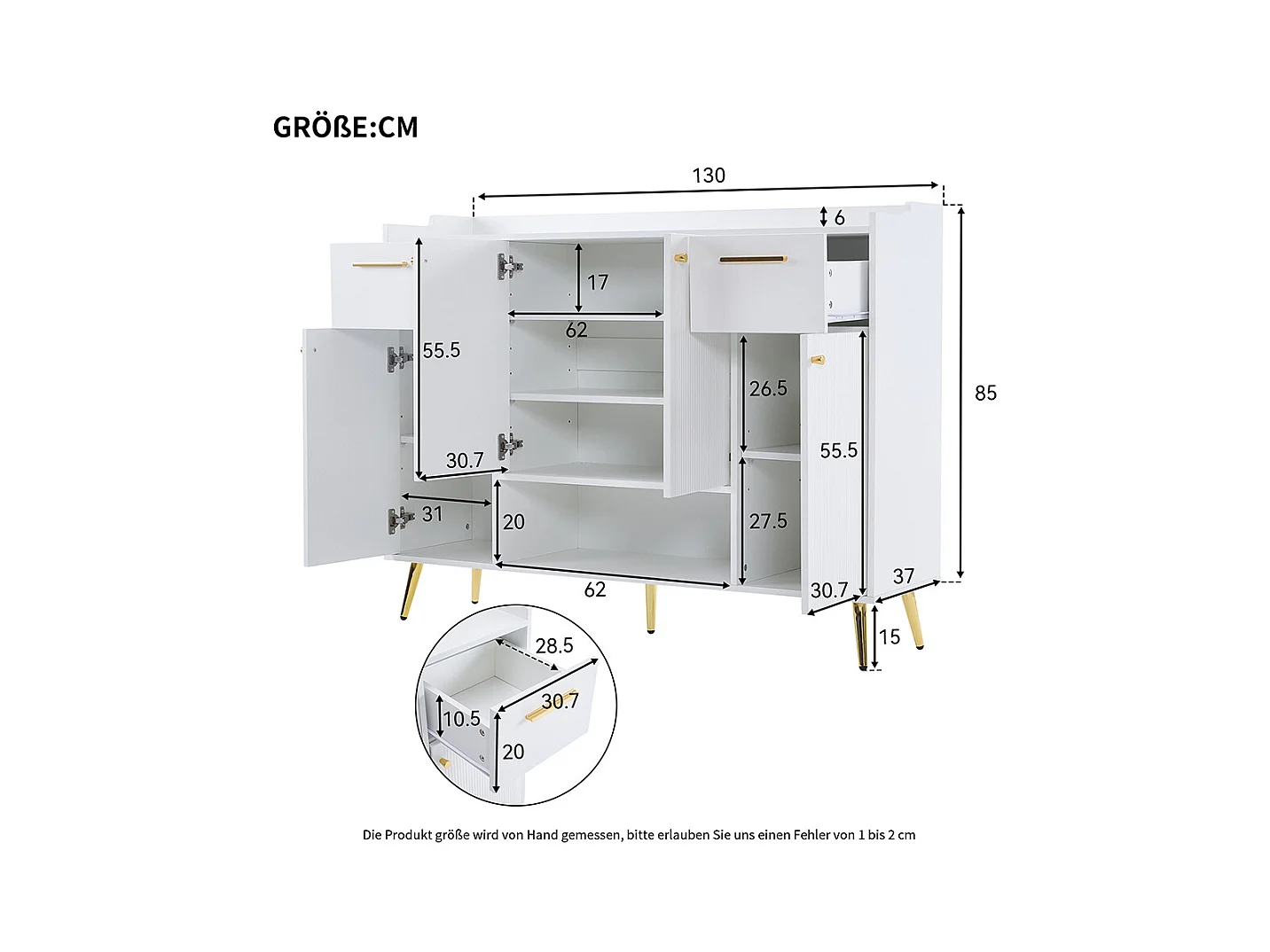 Meuble à chaussures blanc armoire étagère 2 tiroirs 4 portes pieds métal