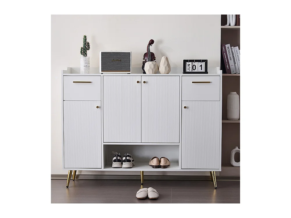 Meuble à chaussures blanc armoire étagère 2 tiroirs 4 portes pieds métal