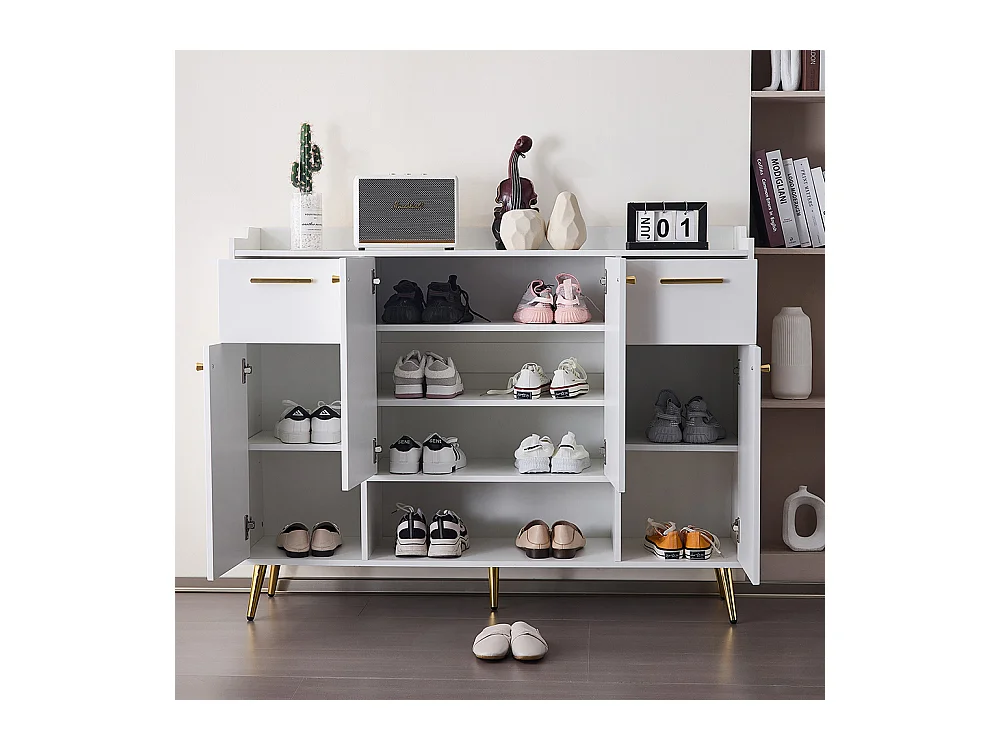 Meuble à chaussures blanc armoire étagère 2 tiroirs 4 portes pieds métal