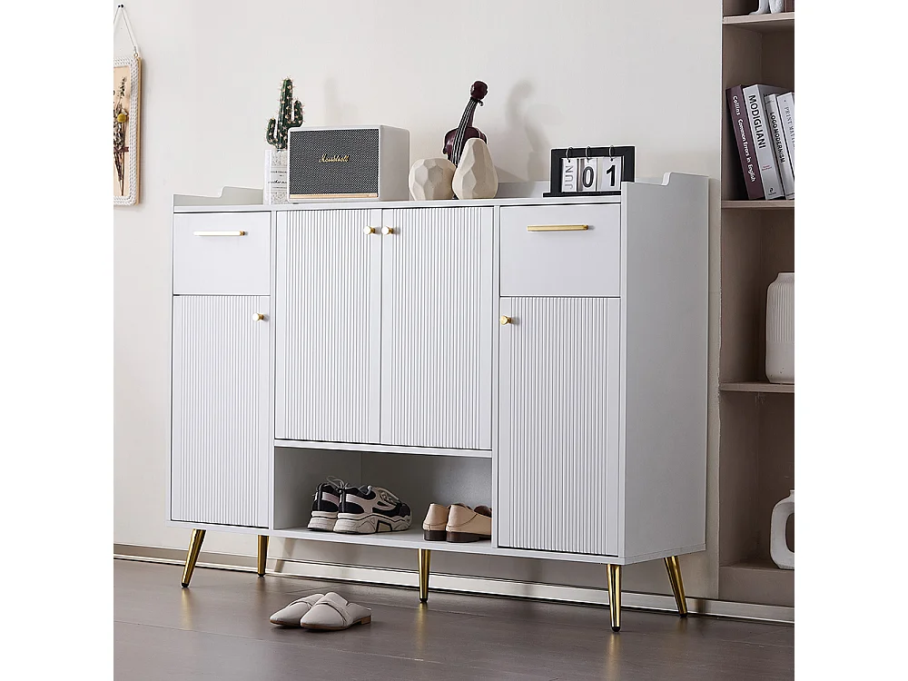 Meuble à chaussures blanc armoire étagère 2 tiroirs 4 portes pieds métal