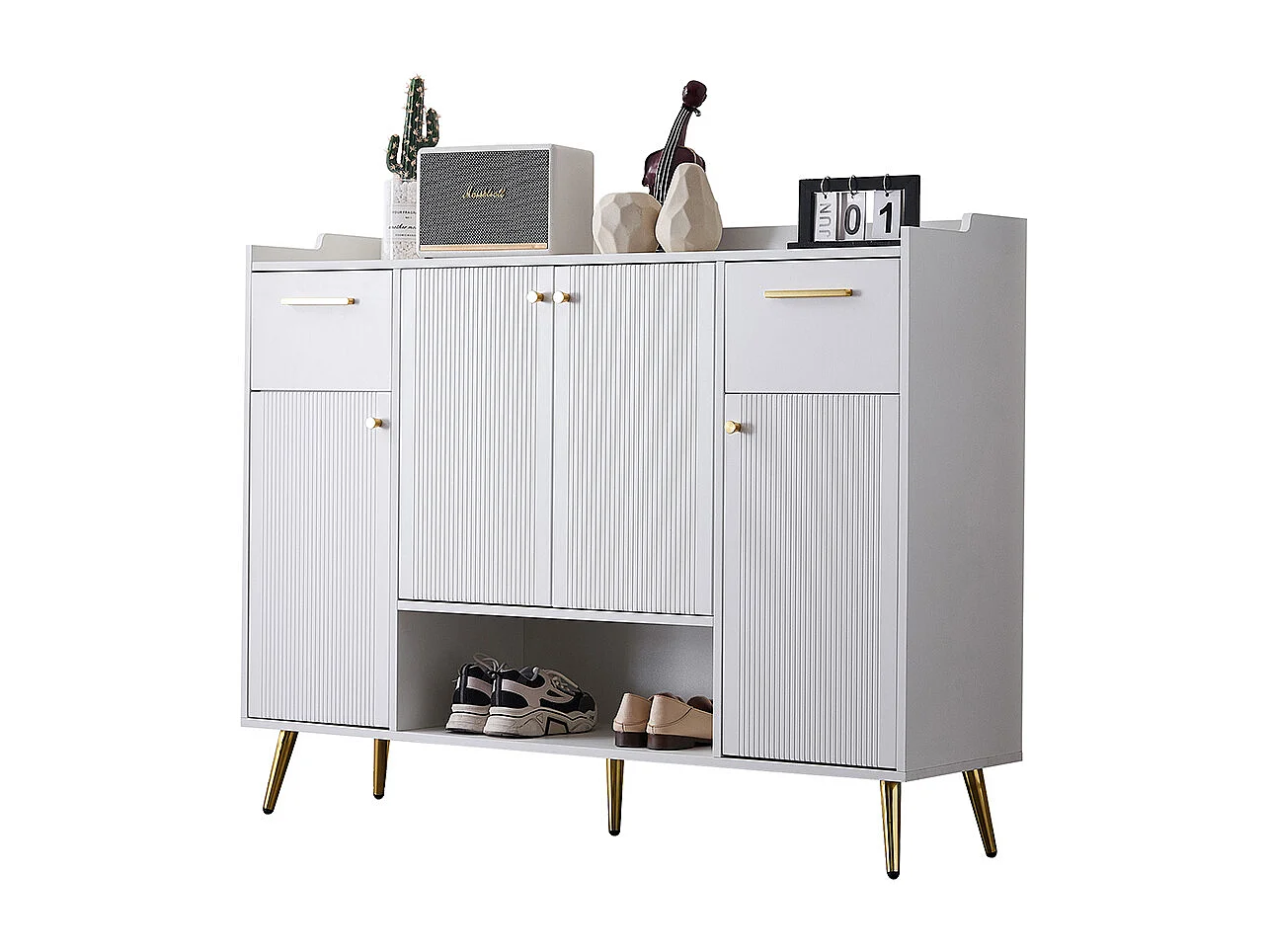 Meuble à chaussures blanc armoire étagère 2 tiroirs 4 portes pieds métal