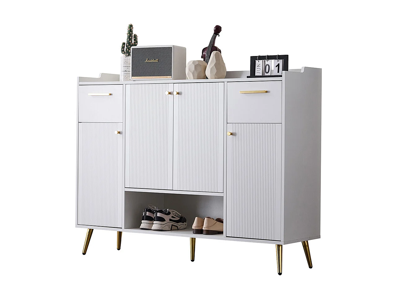 Meuble à chaussures blanc armoire étagère 2 tiroirs 4 portes pieds métal