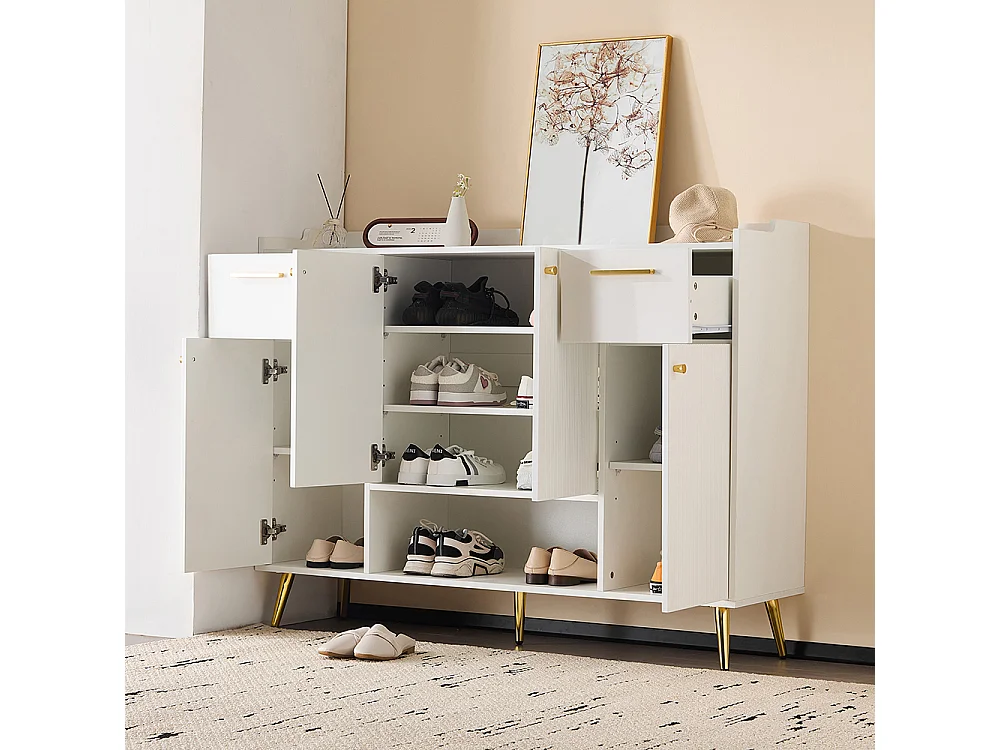 Meuble à chaussures blanc armoire étagère 2 tiroirs 4 portes pieds métal