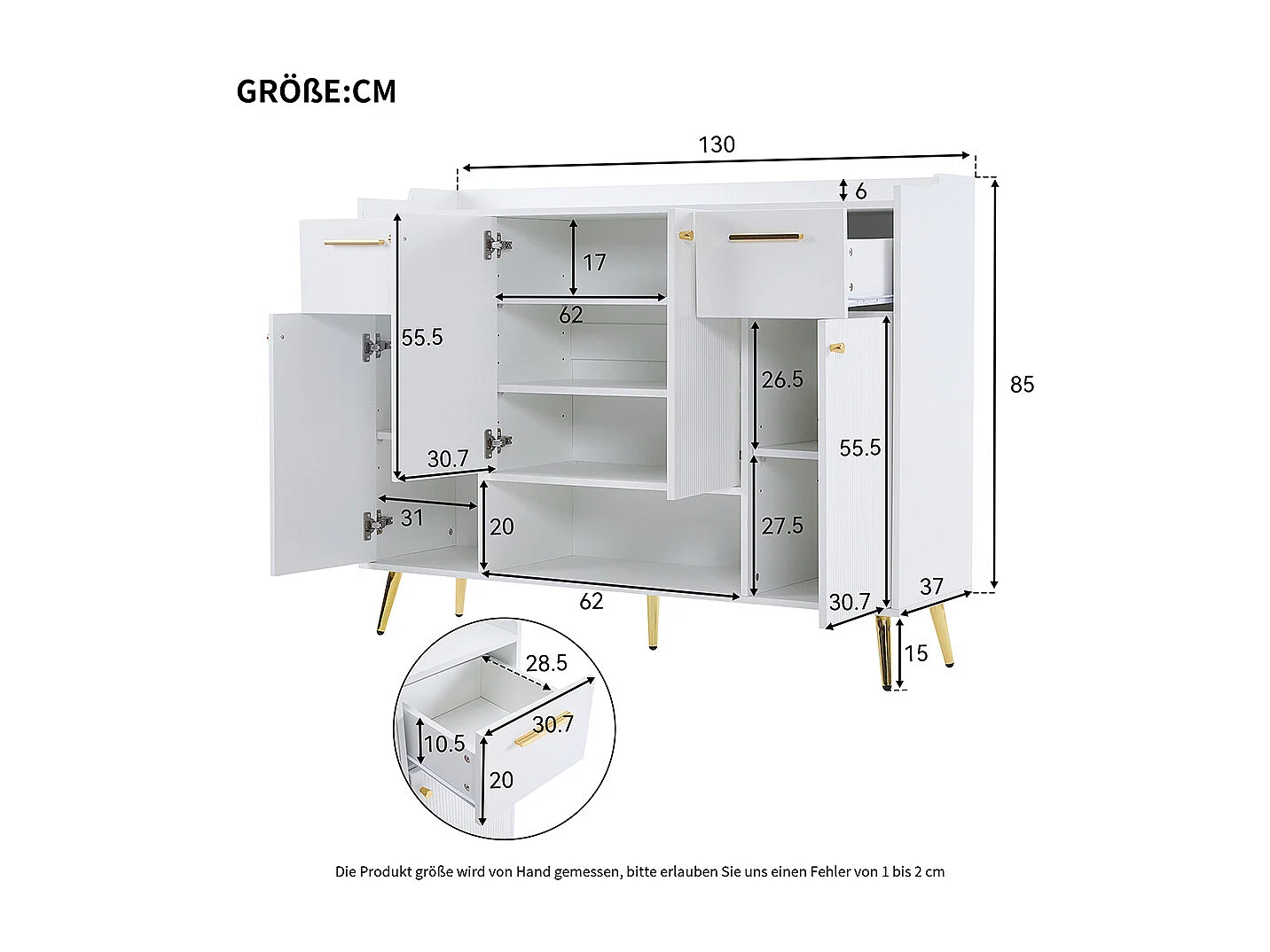 Meuble à chaussures blanc armoire étagère 2 tiroirs 4 portes pieds métal