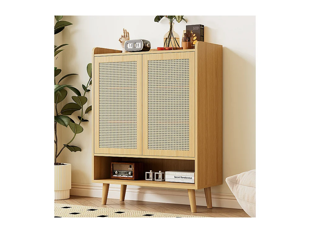 Meuble à chaussures 2 portes naturel rotin poignées bois pieds bois massif couloir