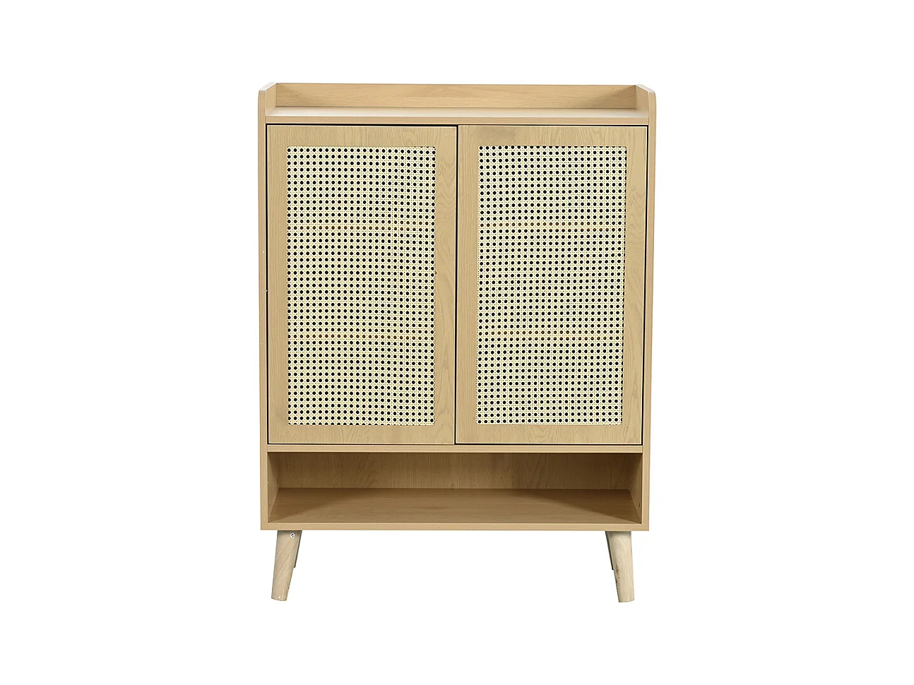 Meuble à chaussures 2 portes naturel rotin poignées bois pieds bois massif couloir