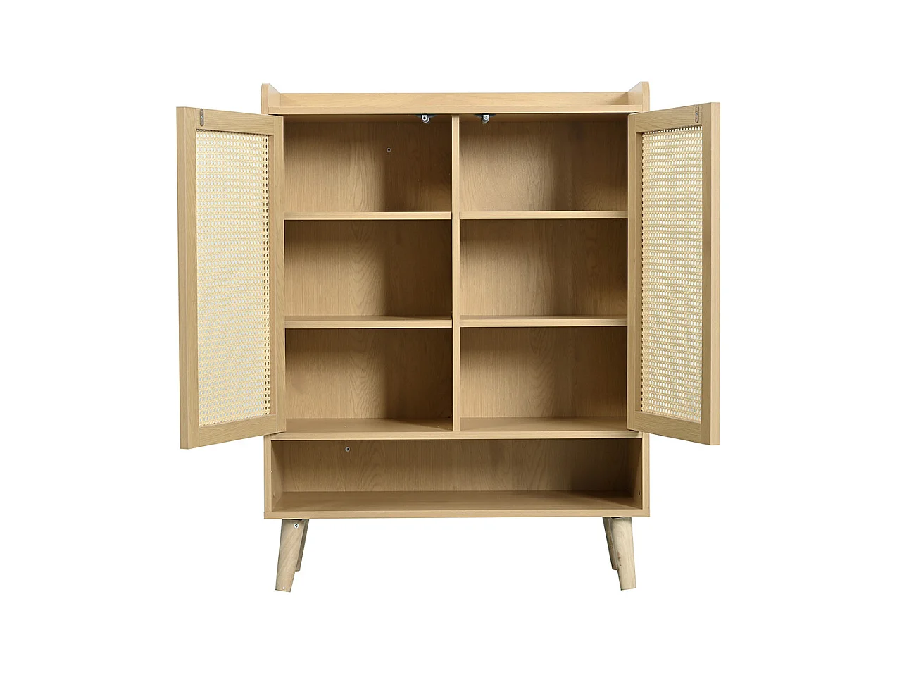 Meuble à chaussures 2 portes naturel rotin poignées bois pieds bois massif couloir