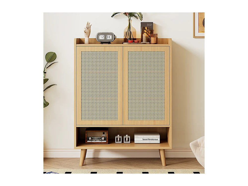 Meuble à chaussures 2 portes naturel rotin poignées bois pieds bois massif couloir