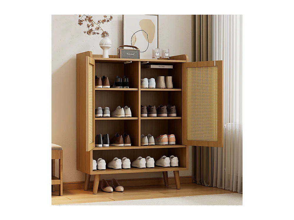 Meuble à chaussures 2 portes naturel rotin poignées bois pieds bois massif couloir