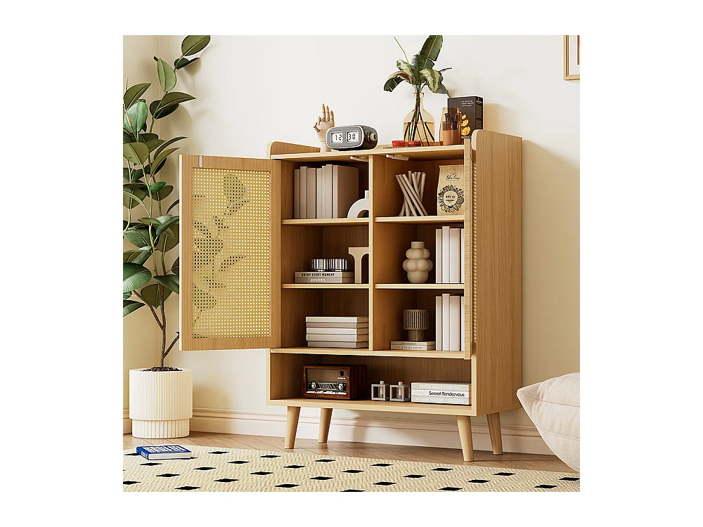 Meuble à chaussures 2 portes naturel rotin poignées bois pieds bois massif couloir