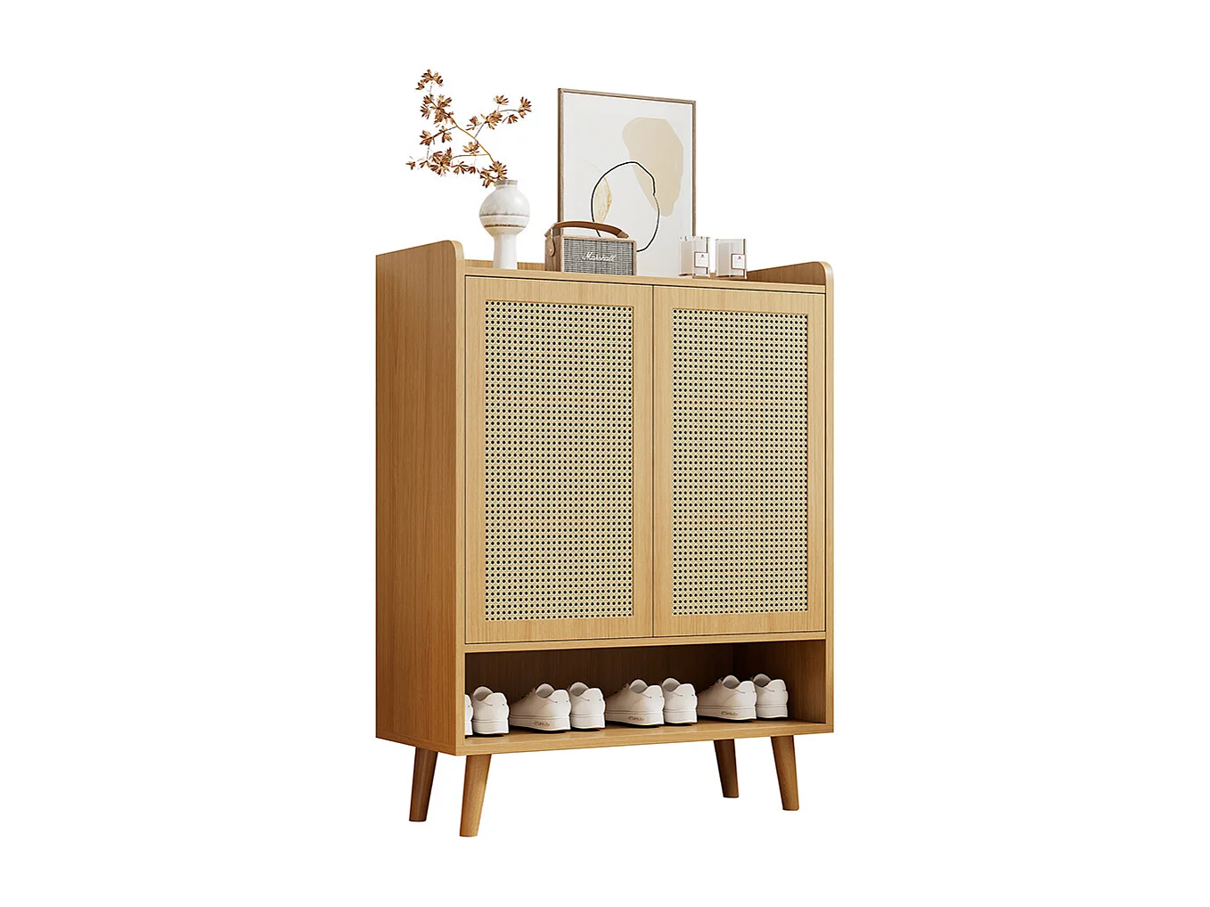 Meuble à chaussures 2 portes naturel rotin poignées bois pieds bois massif couloir