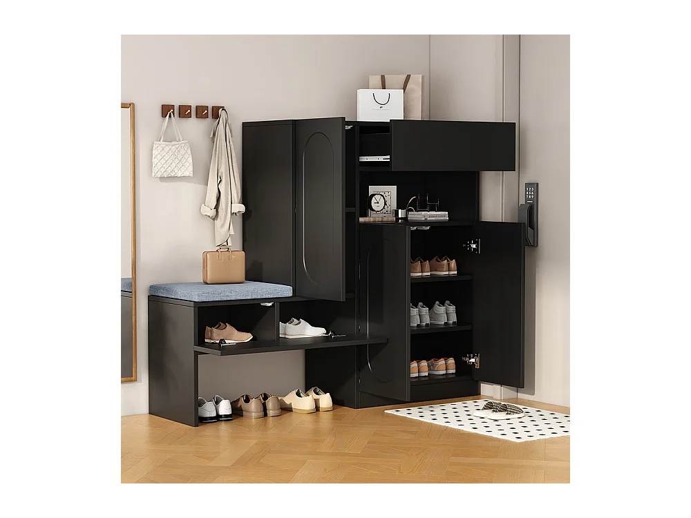 Meuble à chaussures noir 2 en 1 portes cintrées rabattable soft close compartiments réglables banc rembourré