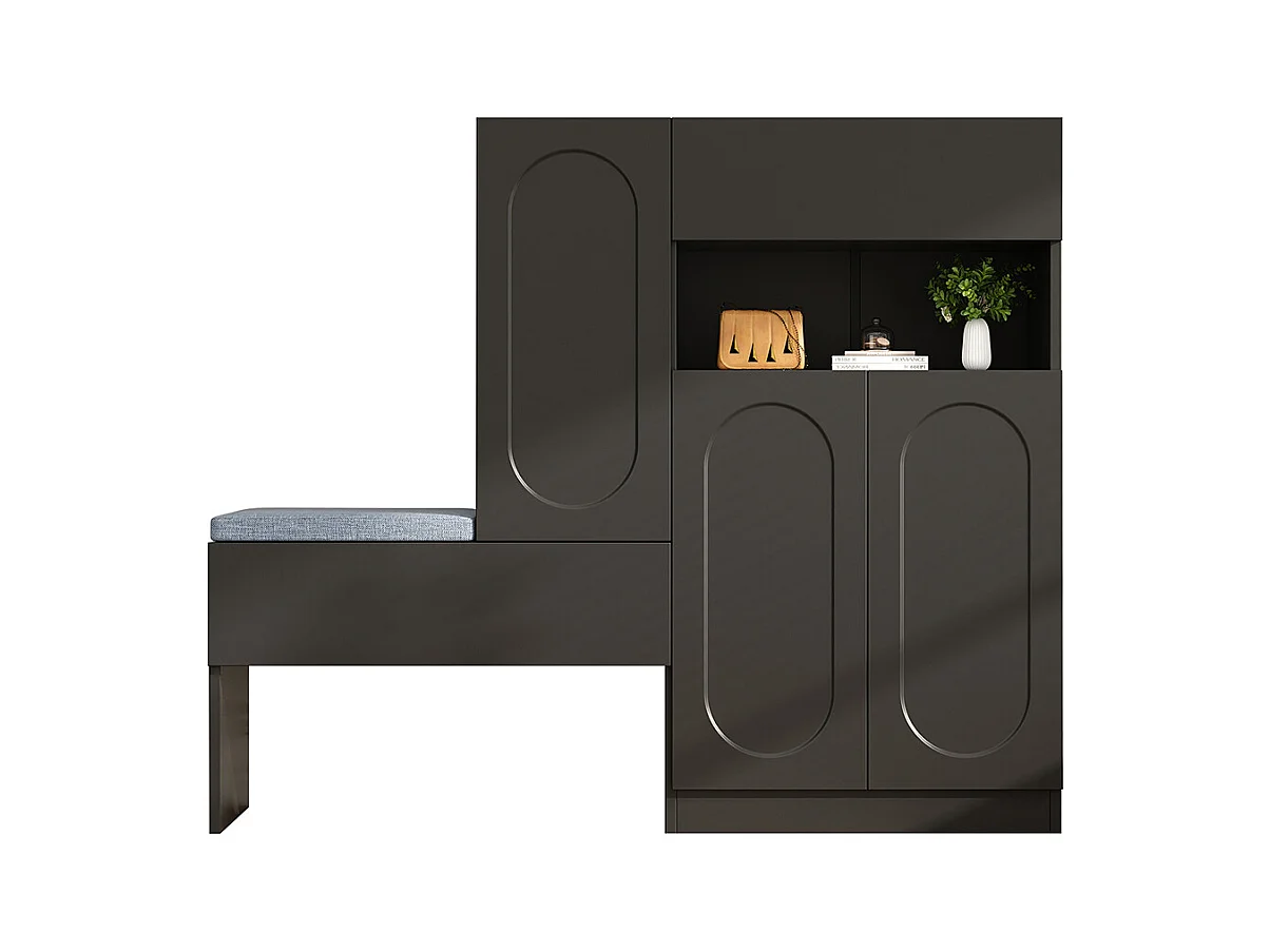Meuble à chaussures noir 2 en 1 portes cintrées rabattable soft close compartiments réglables banc rembourré