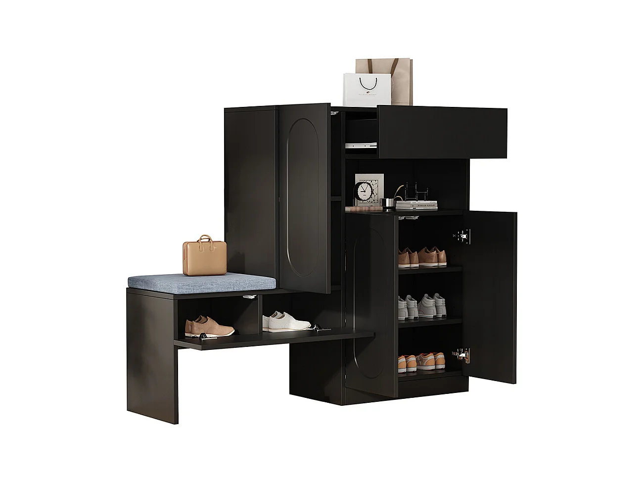 Meuble à chaussures noir 2 en 1 portes cintrées rabattable soft close compartiments réglables banc rembourré