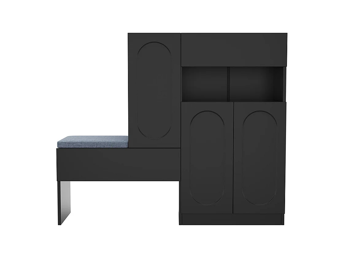 Meuble à chaussures noir 2 en 1 portes cintrées rabattable soft close compartiments réglables banc rembourré