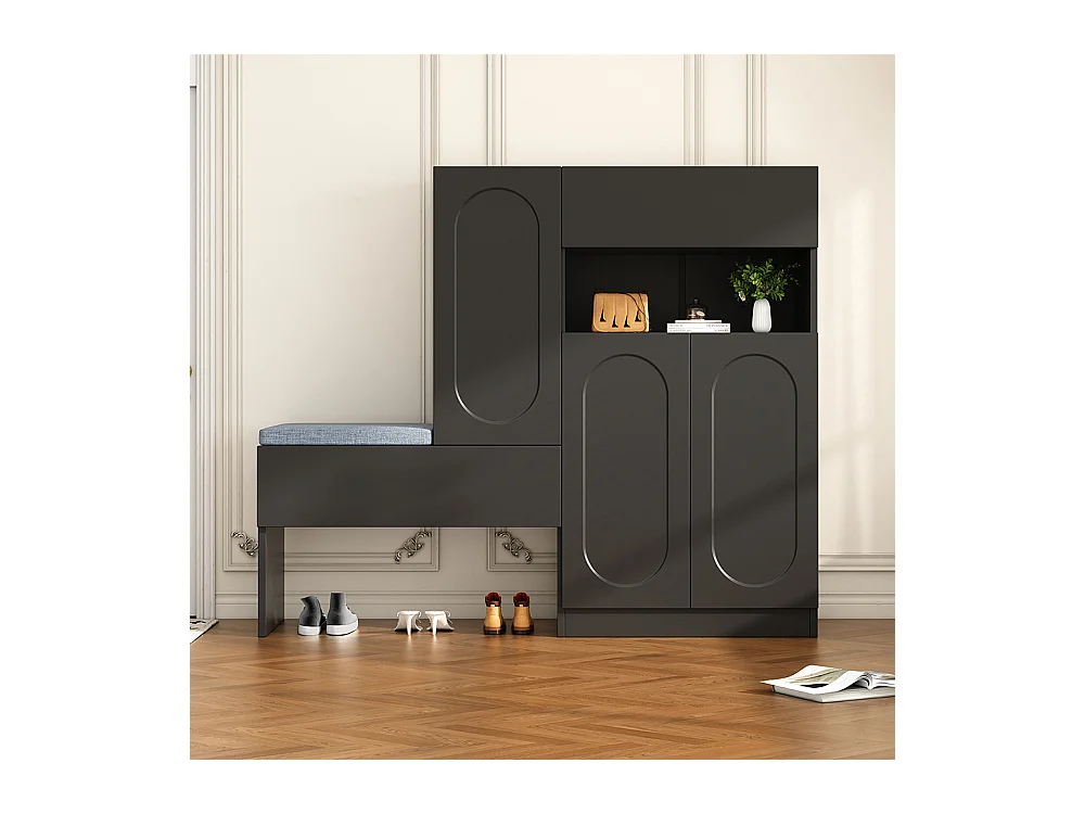 Meuble à chaussures noir 2 en 1 portes cintrées rabattable soft close compartiments réglables banc rembourré