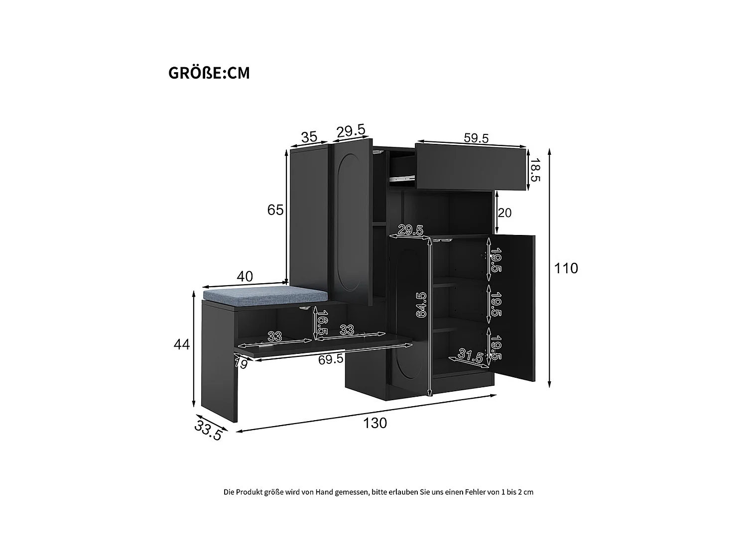 Meuble à chaussures noir 2 en 1 portes cintrées rabattable soft close compartiments réglables banc rembourré