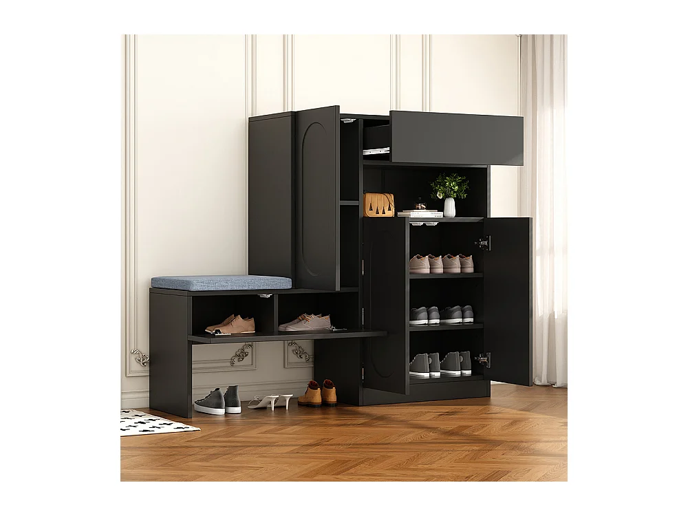 Meuble à chaussures noir 2 en 1 portes cintrées rabattable soft close compartiments réglables banc rembourré