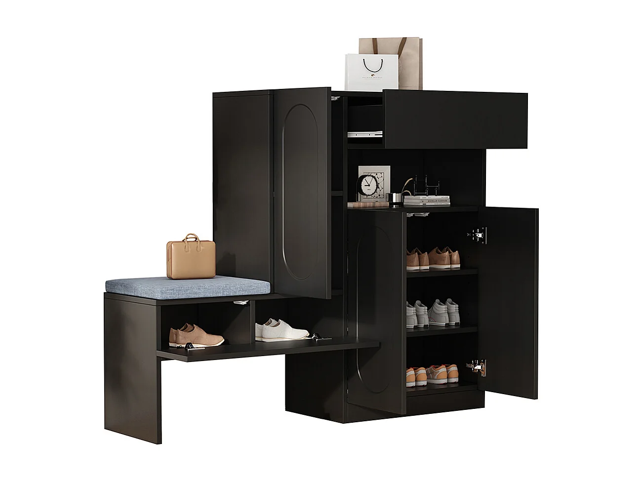 Meuble à chaussures noir 2 en 1 portes cintrées rabattable soft close compartiments réglables banc rembourré