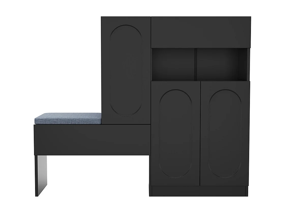 Meuble à chaussures noir 2 en 1 portes cintrées rabattable soft close compartiments réglables banc rembourré