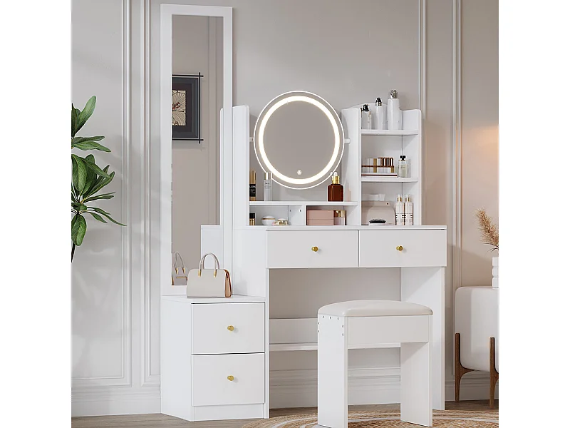 Coiffeuse blanc 4 en 1 miroir pleine longueur pivotant tabouret éclairage LED 3 couleurs poignée métal