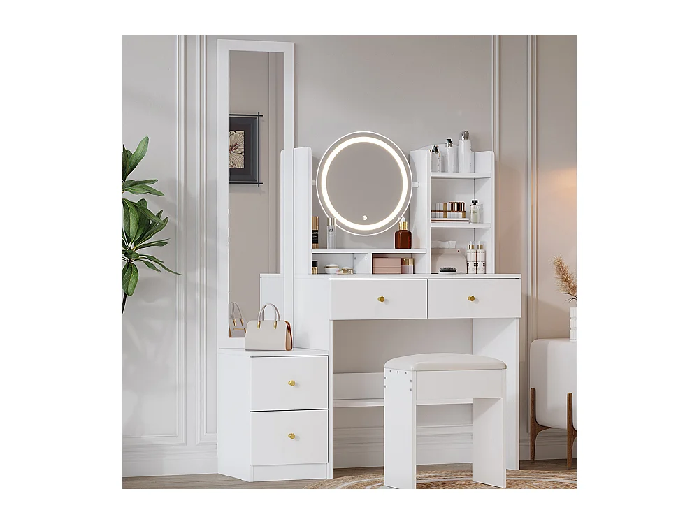 Coiffeuse blanc 4 en 1 miroir pleine longueur pivotant tabouret éclairage LED 3 couleurs poignée métal